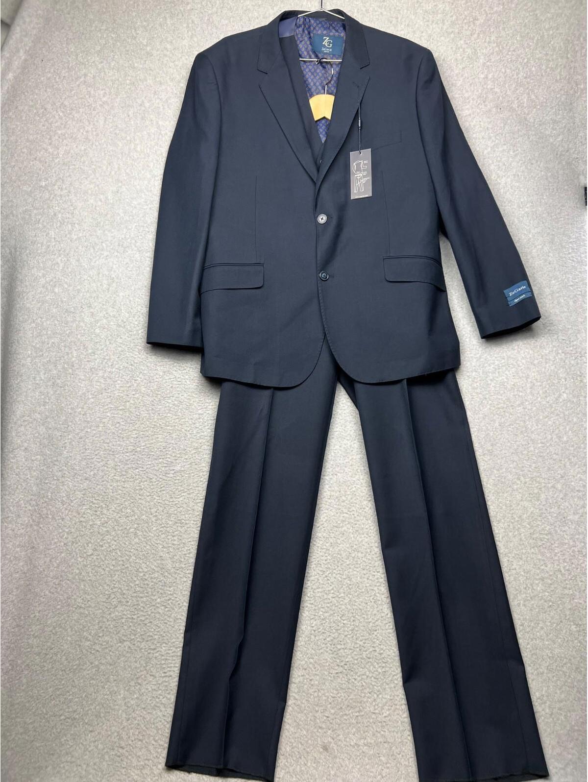 Zegarie 3 Piece 150s Wool Sport Blazer Suit Set 44s /38 Pants Modern Fit Navy